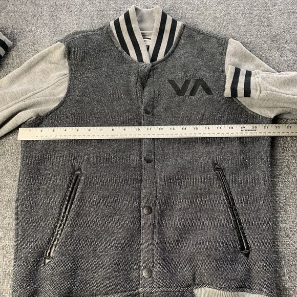 RVCA Varsity Jacket Mens Small Snap Button Gray Black Regular Fit Skater Surfer - Picture 8 of 16